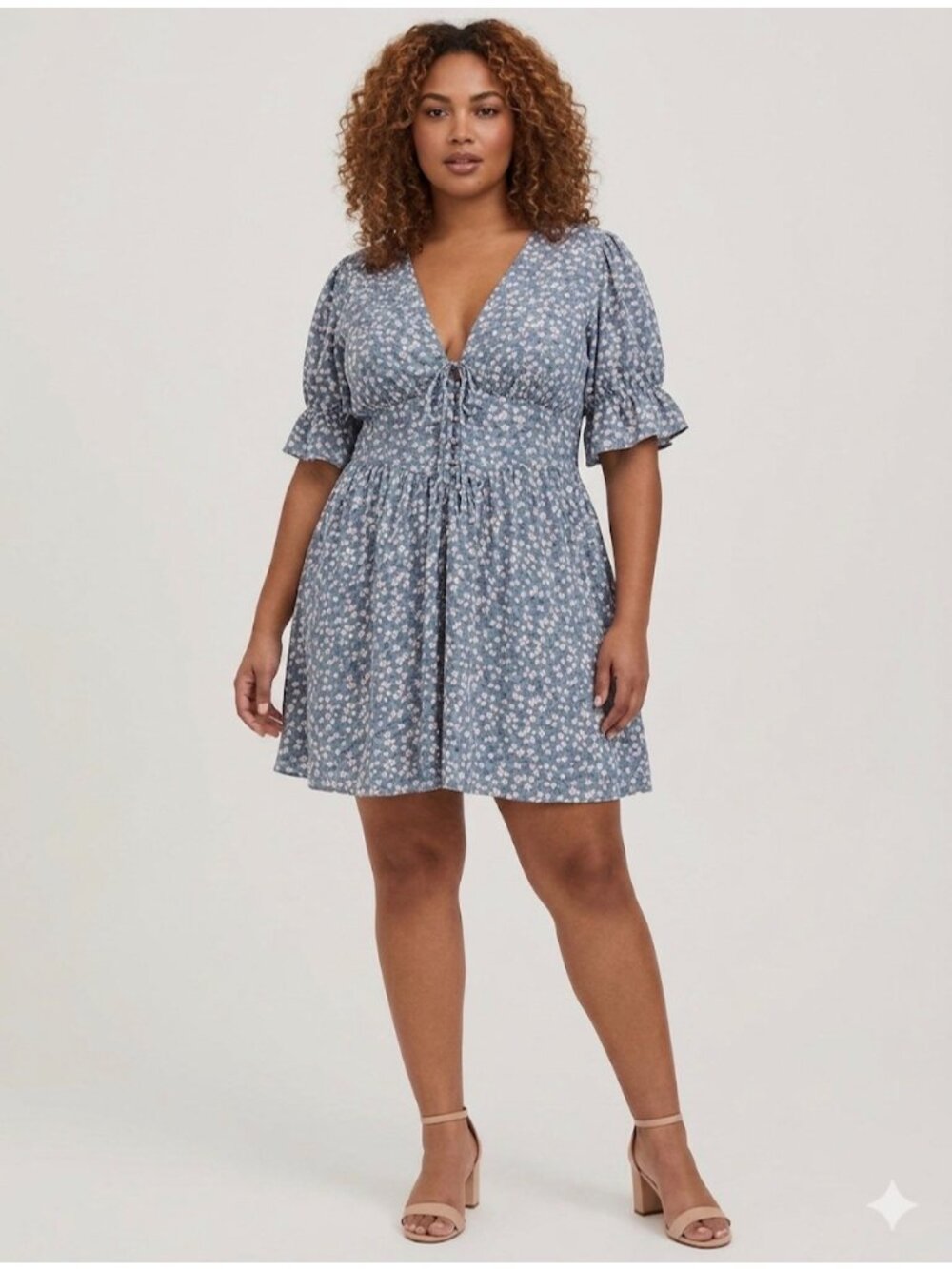 Torrid Women’s Blue Floral Mini Dress Ruffle Sleeves & Tie Front Size 16